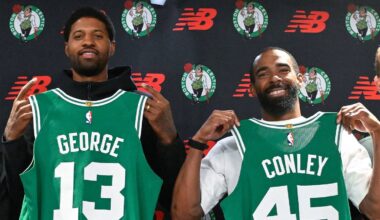 September 15, 2026; Boston, Massachusetts, USA; Boston Celtics forward Paul George (13) and Boston Celtics guard Mike Conley (45) pose with their jerseys after a press conference at The Auerbach Center at Boston Landing. Mandatory Credit: Eric Canha-Imagn Images