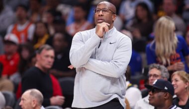 Dec 27, 2025; Atlanta, Georgia, USA; New York Knicks head coach Mike Brown on the sideline against the Atlanta Hawks in the first quarter at State Farm Arena. Mandatory Credit: Brett Davis-Imagn Images