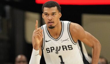 Dec 27, 2025; San Antonio, Texas, USA; San Antonio Spurs forward Victor Wembanyama (1) reacts after scoring during the first half against the Utah Jazz at Frost Bank Center. Mandatory Credit: Scott Wachter-Imagn Images