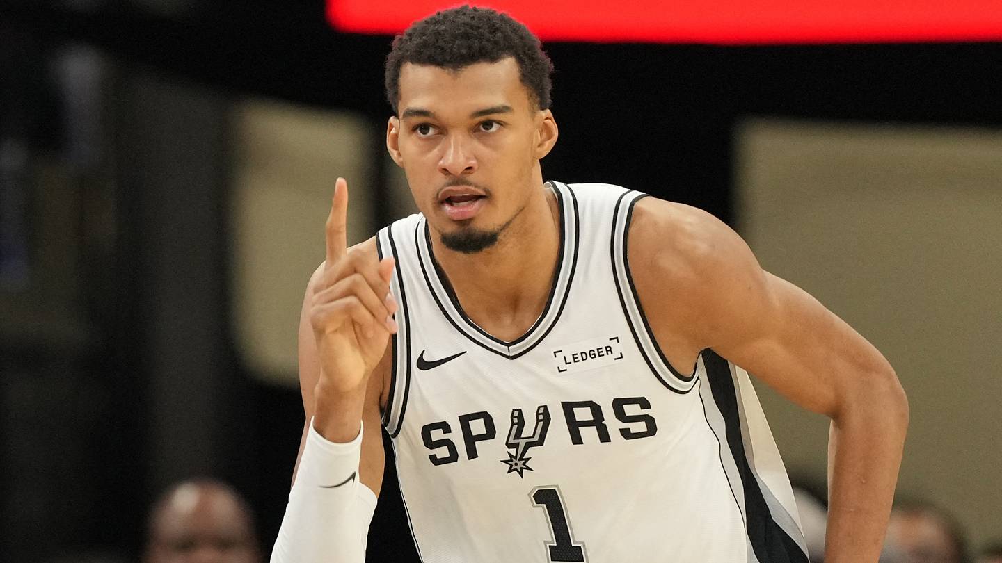 Dec 27, 2025; San Antonio, Texas, USA; San Antonio Spurs forward Victor Wembanyama (1) reacts after scoring during the first half against the Utah Jazz at Frost Bank Center. Mandatory Credit: Scott Wachter-Imagn Images