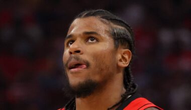 Houston, Texas, USA; Houston Rockets guard Jalen Green (4) reacts while playing against the Golden State Warriors  in the second quarter during game five of first round for the 2025 NBA Playoffs at Toyota Center on Apr 30, 2025.