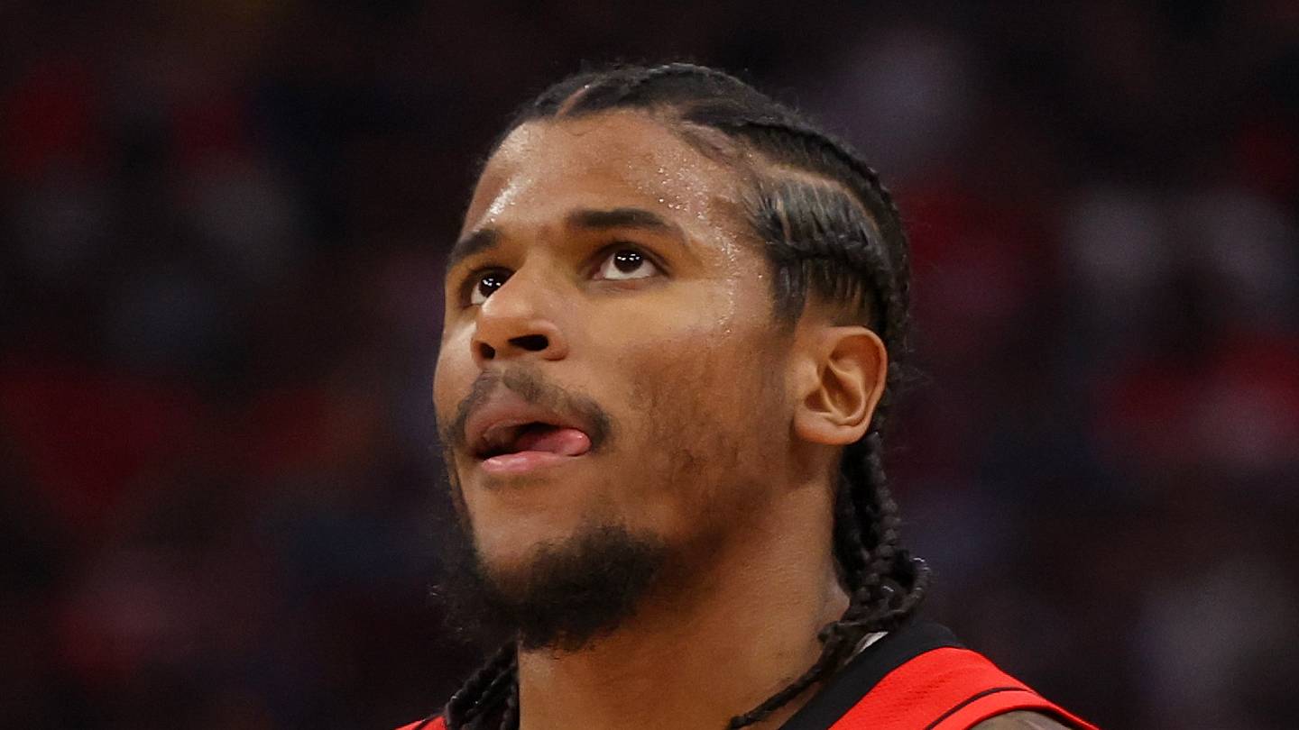 Houston, Texas, USA; Houston Rockets guard Jalen Green (4) reacts while playing against the Golden State Warriors  in the second quarter during game five of first round for the 2025 NBA Playoffs at Toyota Center on Apr 30, 2025.