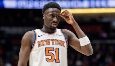 Dec 29, 2025; New Orleans, Louisiana, USA;  New York Knicks forward Mohamed Diawara (51) looks on against the New Orleans Pelicans during the first half at Smoothie King Center. Mandatory Credit: Stephen Lew-Imagn Images