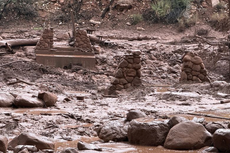 Remnants of stone bridge pylons along Bright Angel Creek are seen in this image released by the National Park Service on Sunday.