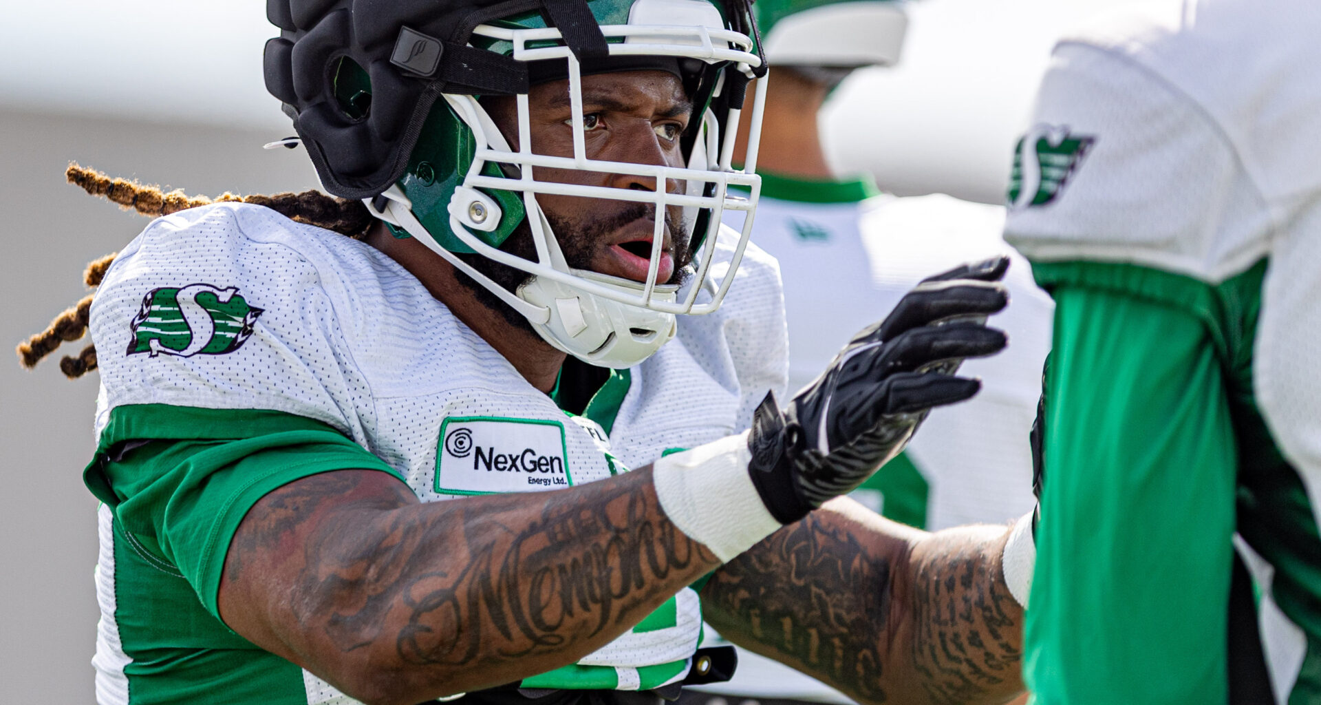 Linebacker Aubrey Miller Jr. takes part in drills during Saskatchewan Roughriders training camp at Griffiths Stadium.