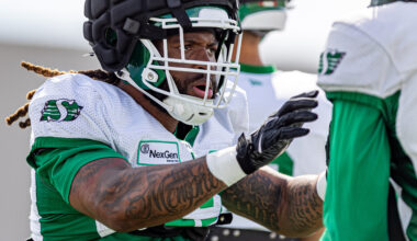 Linebacker Aubrey Miller Jr. takes part in drills during Saskatchewan Roughriders training camp at Griffiths Stadium.