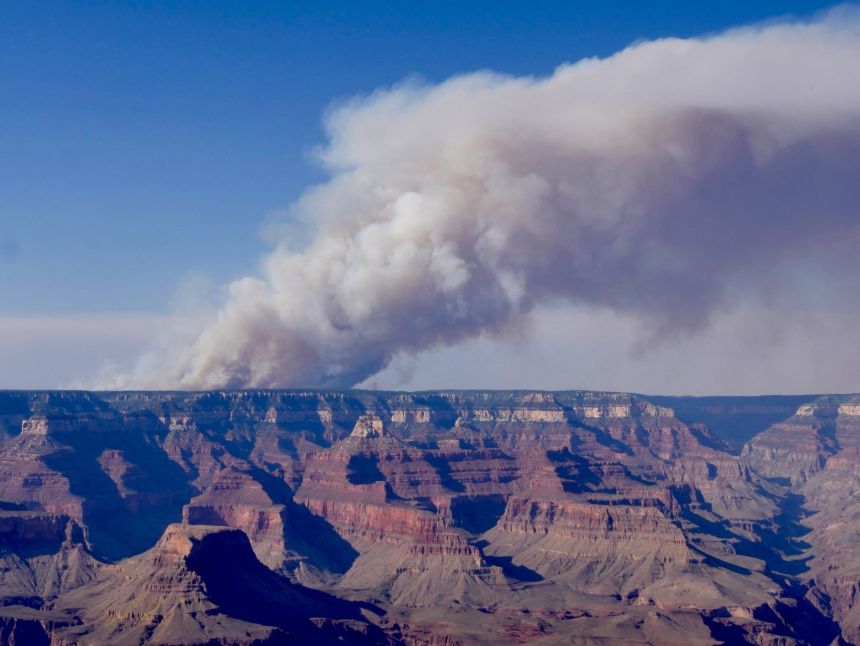 The Dragon Bravo Fire burns on the north side of Grand Canyon National Park on July 11, 2025.