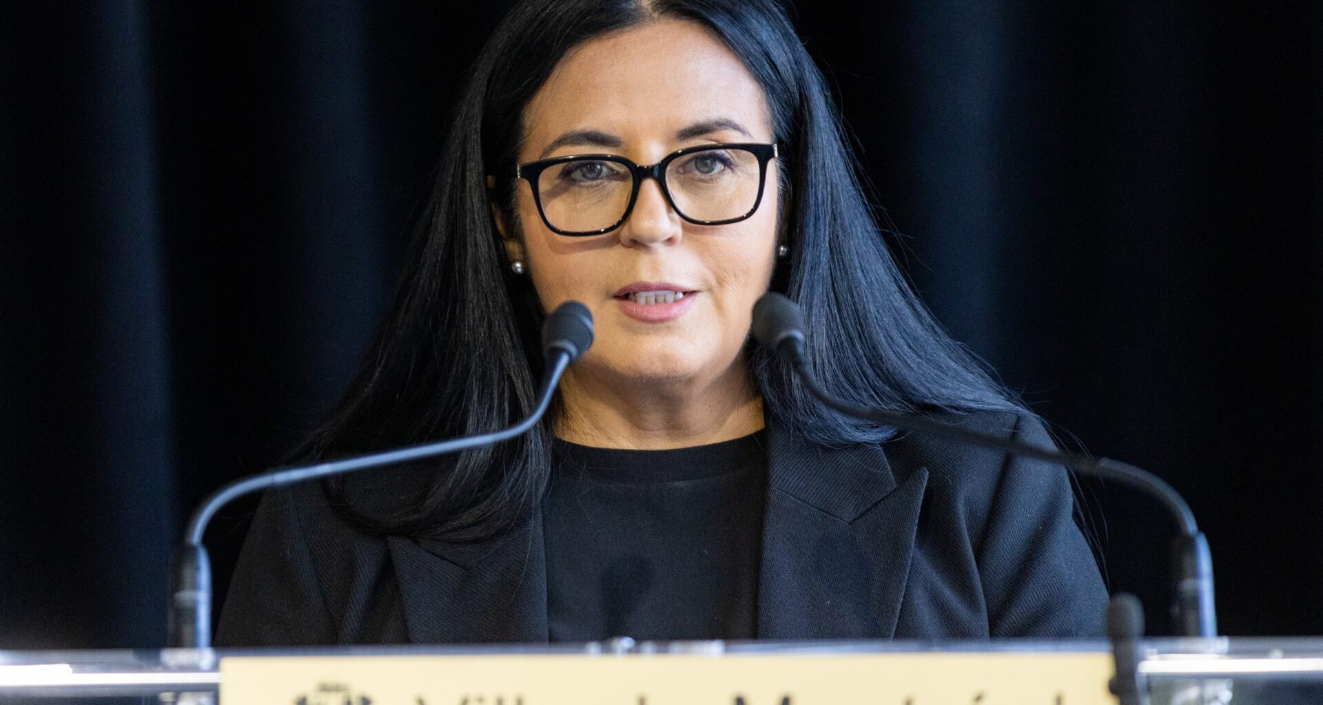 Woman speaks at microphone.