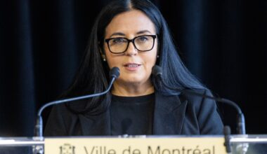 Woman speaks at microphone.