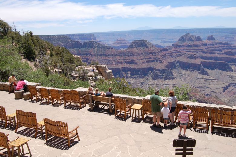 Visitors enjoy the view from the Grand Canyon Lodge in 2007.
