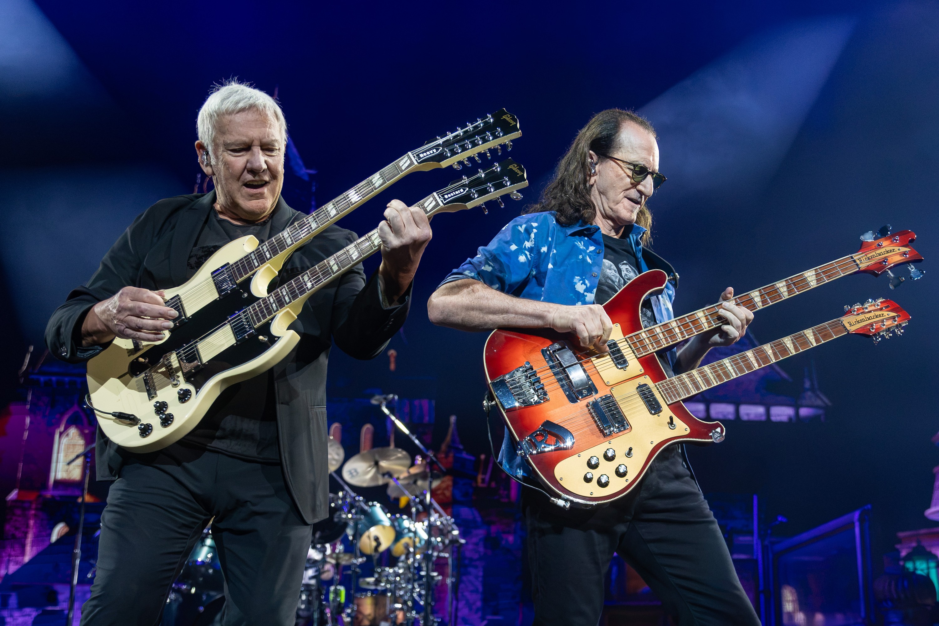 Alex Lifeson, left, and Geddy Lee of Rush perform at the Bell Centre in Montreal
