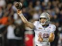 Lions quarterback Nathan Rourke loads up to throw a pass during first half of Canadian Football League game against the Alouettes in Montreal last Friday.