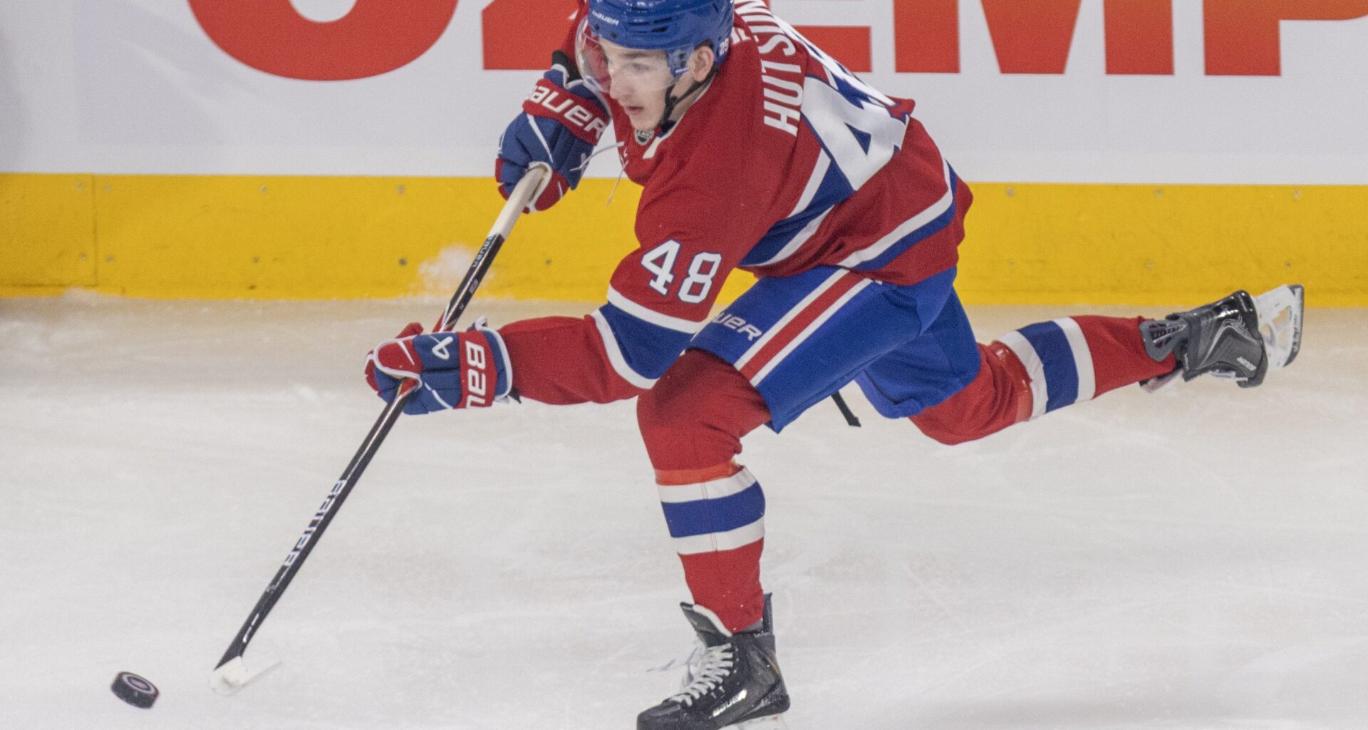 Canadiens defenceman Lane Hutson shoots the puck into the Tampa Bay Lightning zone during Game 6 of playoff series in Montreal on May 1.