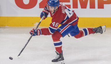 Canadiens defenceman Lane Hutson shoots the puck into the Tampa Bay Lightning zone during Game 6 of playoff series in Montreal on May 1.
