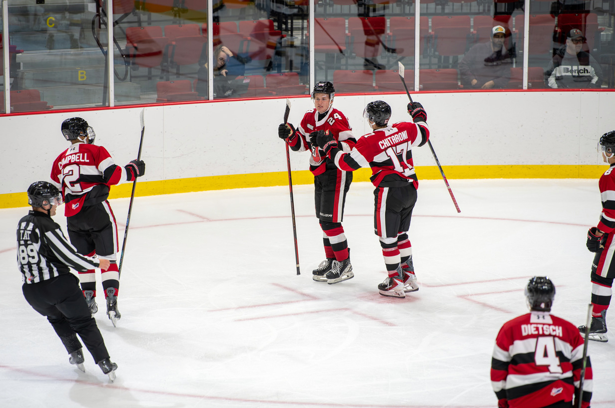 Ottawa 67's players celebrating a goal that tied a game against Kingston