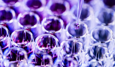 Close-up of a pipette dispensing a purple droplet into a well plate, backlit in violet and blue tones.