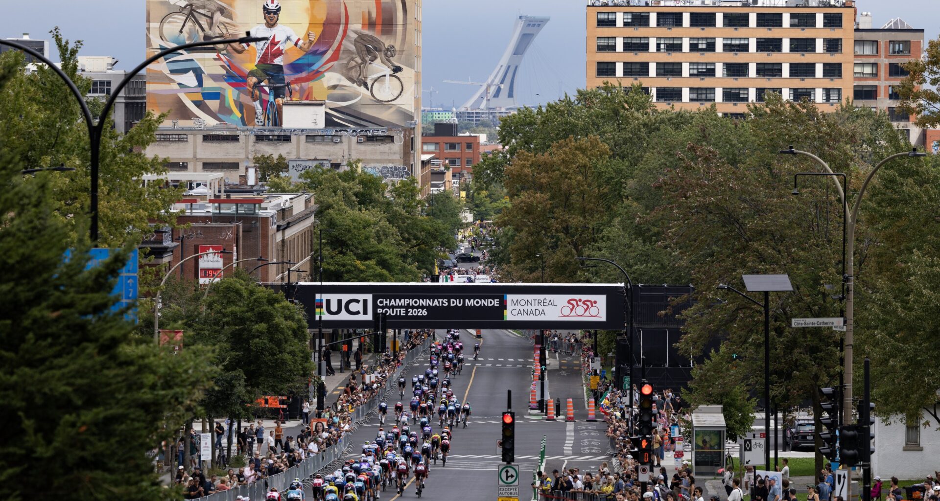 Cyclists ride through the streets during the 2026 Grand Prix Cycliste de Montréal