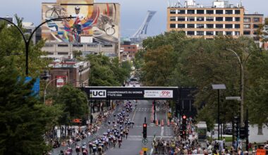 Cyclists ride through the streets during the 2026 Grand Prix Cycliste de Montréal