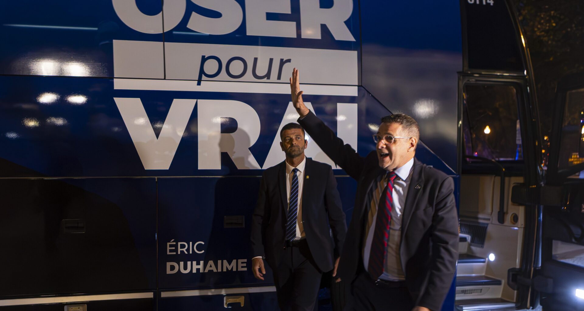 Quebec Conservative Leader Éric Duhaime waves to supporters as he arrives at the National Assembly in Quebec City on Sept. 9.