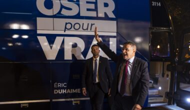 Quebec Conservative Leader Éric Duhaime waves to supporters as he arrives at the National Assembly in Quebec City on Sept. 9.