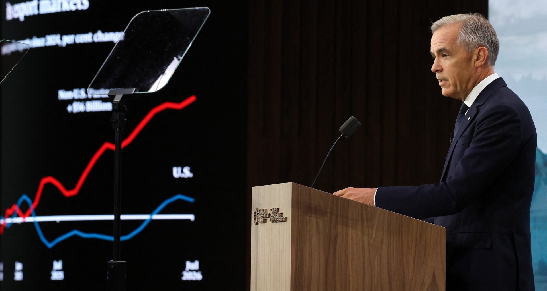 Mark Carney at a lectern with a large screen displaying economic graphs.