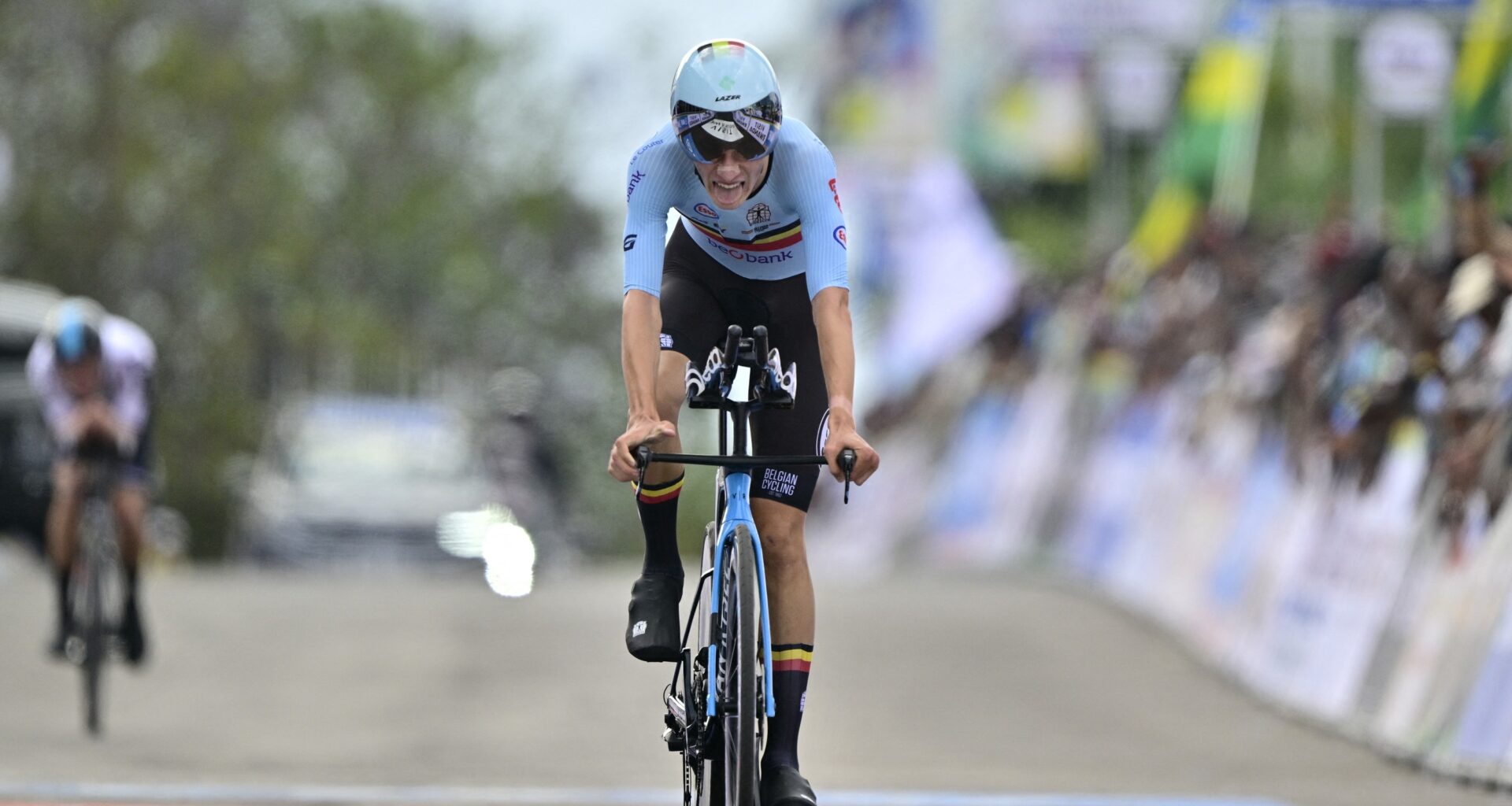 Belgian cyclist Seff Van Kerckhove on his bike during a time trial in Rwanda.