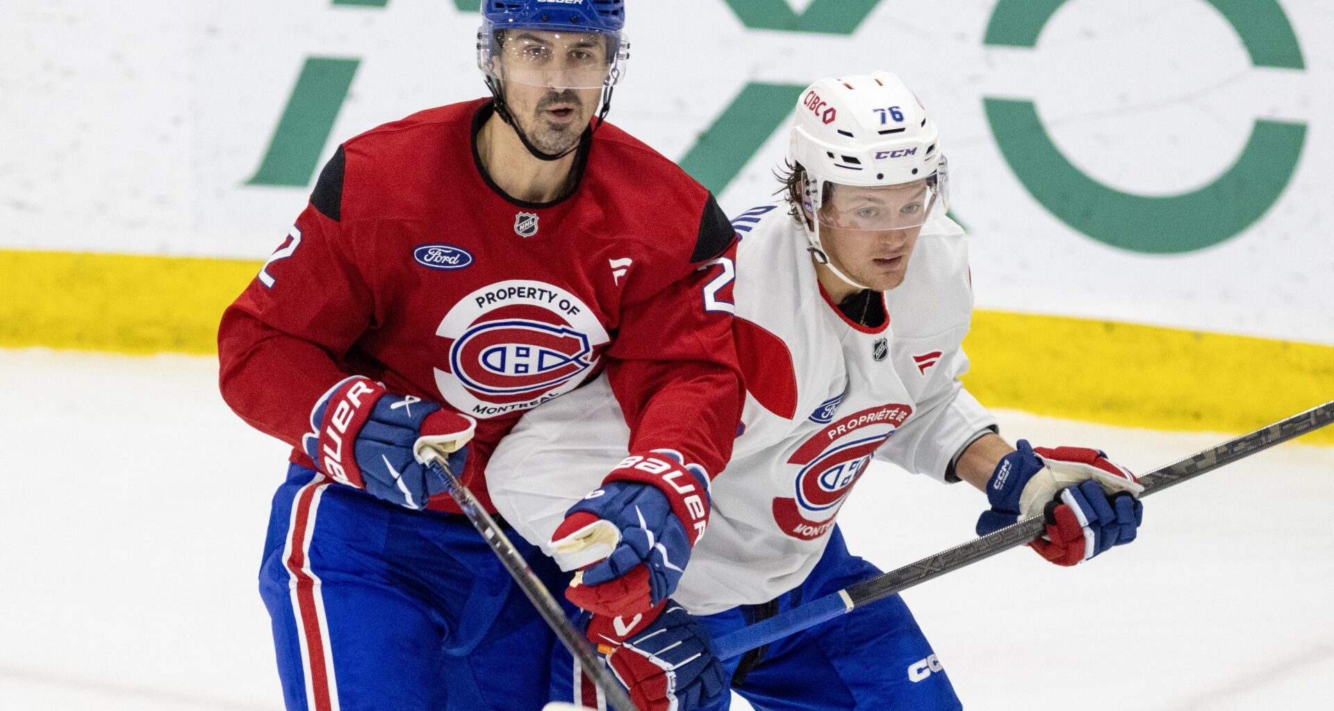 Canadiens forward Chris Kreider, left, battling Zachary Bolduc during training camp scrimmage on Thursday, leads the NHL in tip-in goals during the last five seasons with 25.