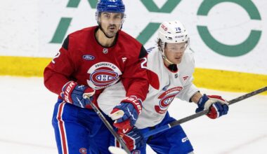Canadiens forward Chris Kreider, left, battling Zachary Bolduc during training camp scrimmage on Thursday, leads the NHL in tip-in goals during the last five seasons with 25.