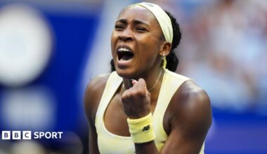 Coco Gauff celebrates winning her third-round match at the US Open