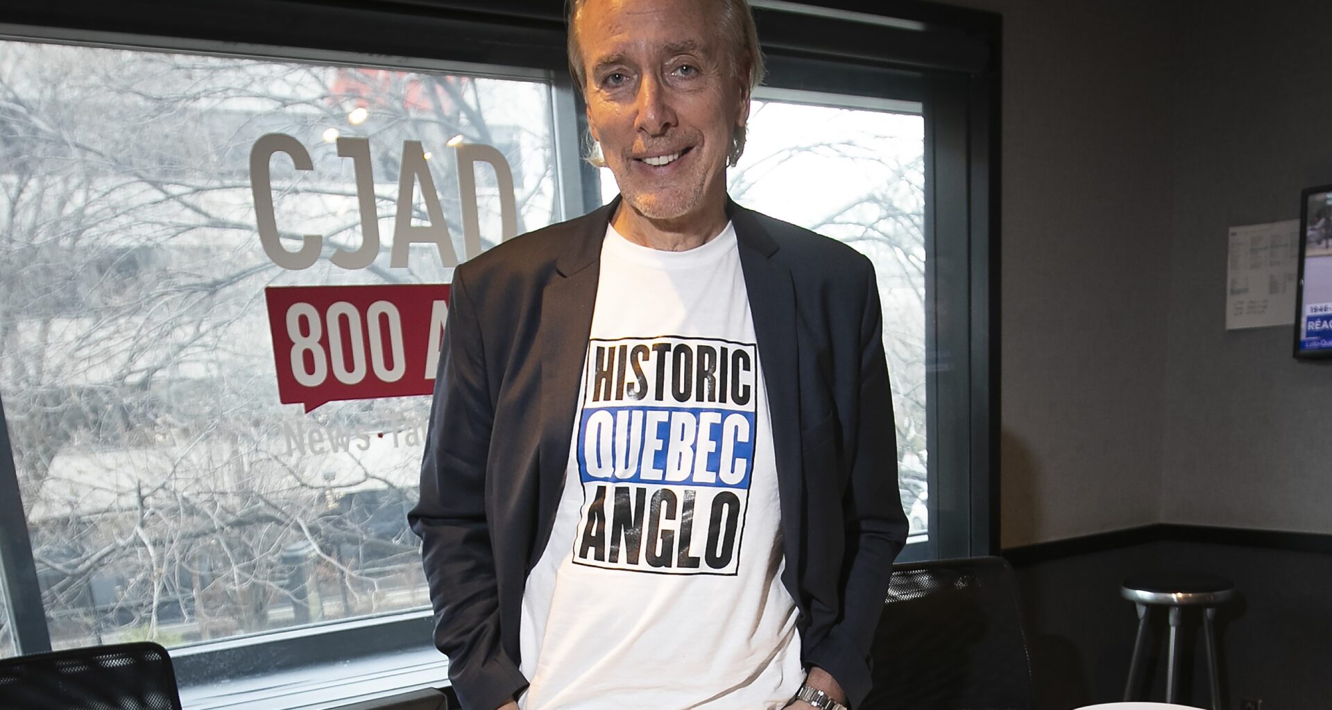 CJAD host Aaron Rand wears an Historic Quebec Anglo shirt.