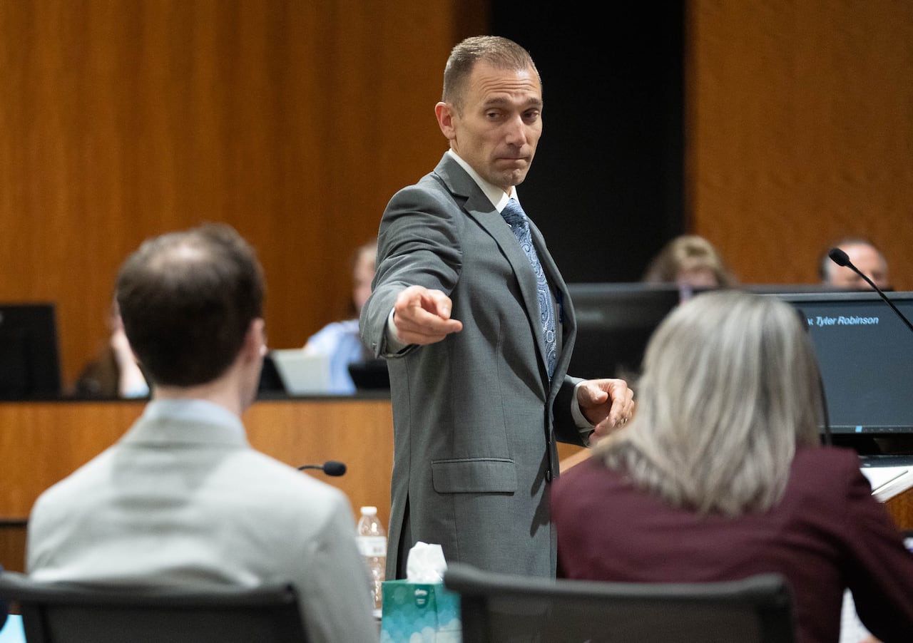 Deputy Utah County Attorney Ryan McBride points to Tyler Robinson, the man accused of fatally shooting Charlie Kirk.