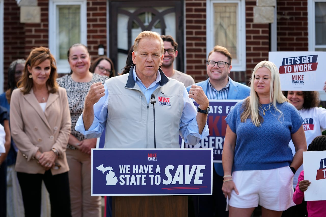 Republican nominee for U.S. Senate Mike Rogers speaks during a campaign event Thursday, Aug. 20, 2026, in Detroit.