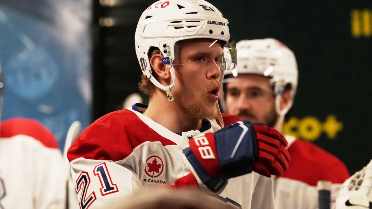 Montreal Canadiens defenseman Kaiden Guhle (21) looks on before game five of the Eastern Conference Final of the 2026 Stanley Cup Playoffs against the Carolina Hurricanes at Lenovo Center.