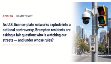 As U.S. licence-plate networks explode into a national controversy, Brampton residents are asking a fair question: who is watching our streets — and under whose rules?