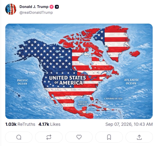 A social media post by U.S. President Donald Trump depicts Canada, Mexico and Greenland as part of the United States.