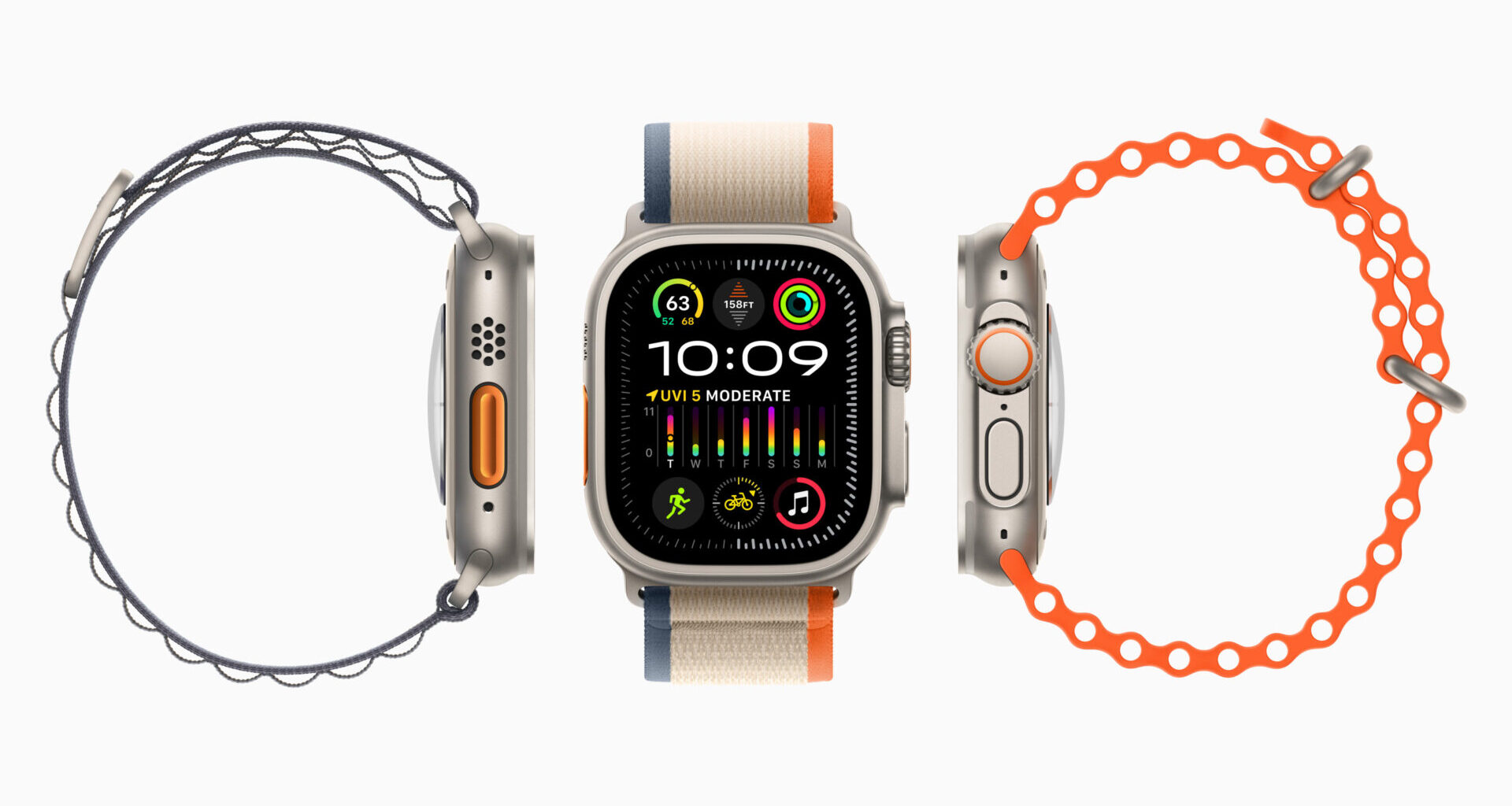 Center: Apple Watch with striped fabric band, flanked by coiled watch bands on each side against a white background as a product shot.