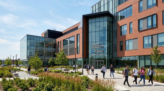 Students and physicians outside the modernized TMU School of Medicine Brampton campus at Bramalea Civic Centre