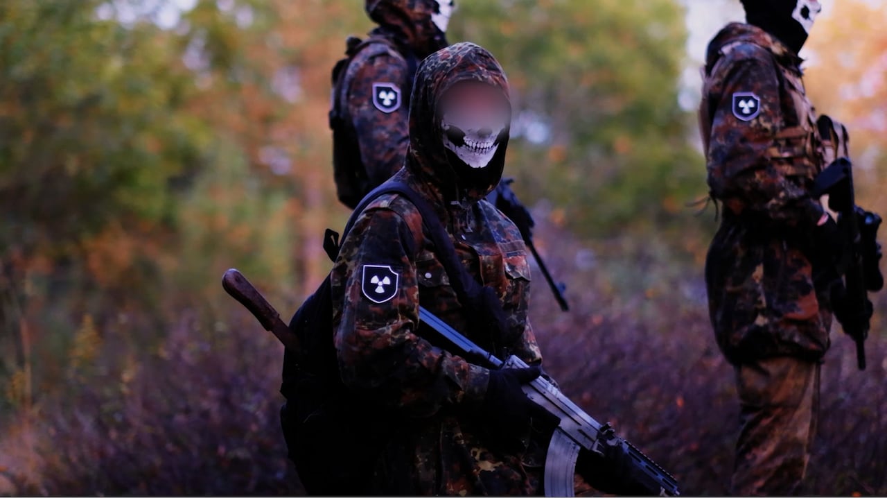 An image from a promotional video for the Atomwaffen Division.