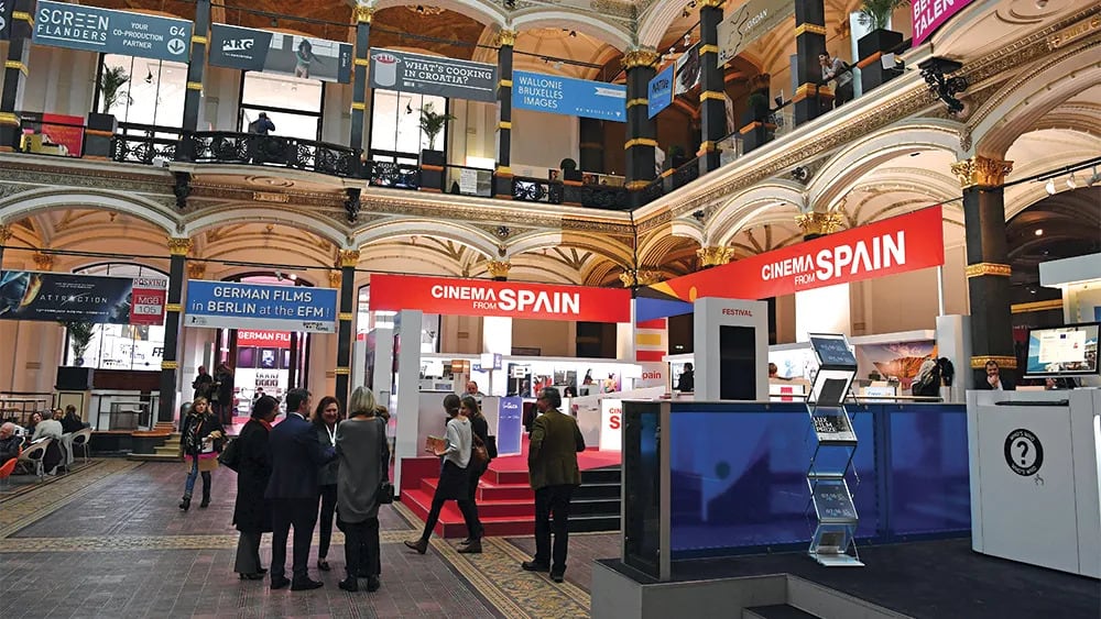 A small crowd gathers in a convention centre at the European Film Market