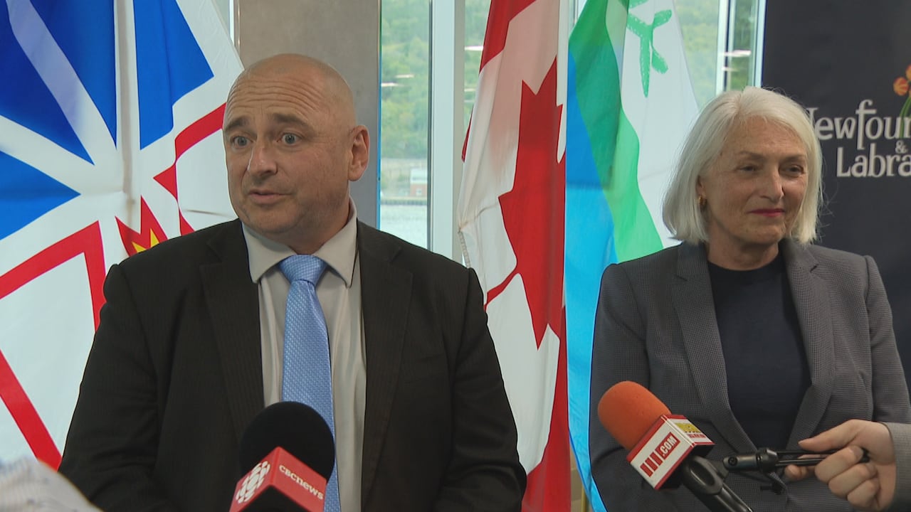 A man and woman in suits stand beside each other facing a collection of news microphones. They are inside an office space, with flags behind them.