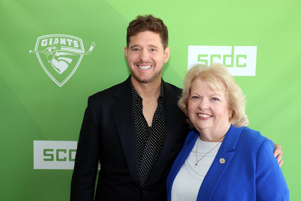 Michael Bublé and Surrey Mayor Brenda Locke are pictured together at a Sept. 10, 2026 media conference.