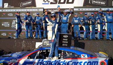 Kyle Larson celebrated win in Enjoy Illinois 300 NASCAR Cup Series race.