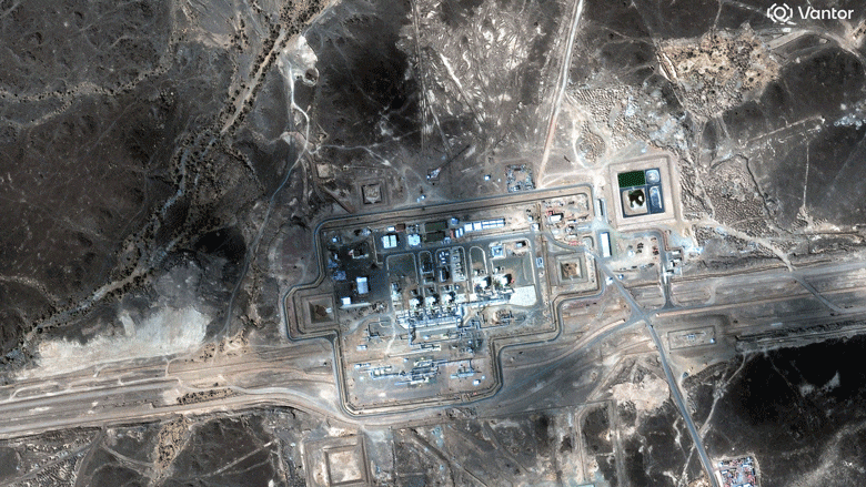 Two satellite images of a pipeline facility before a drone attack and one in the aftermath.