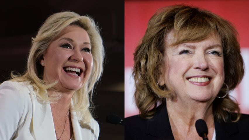 A split image of Bonnie Crombie and Carolyn Parrish.