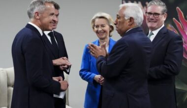 Prime Minister Mark Carney, left to right, French President Emmanuel Macron, President of the European Commission Ursula von der Leyen, President of the European Council Antonio Costa and British Prime Minister Sir Keir Starmer talk as they arrive at a meeting during the G20 in Johannesburg, South Africa, on Saturday, Nov. 22, 2025.
