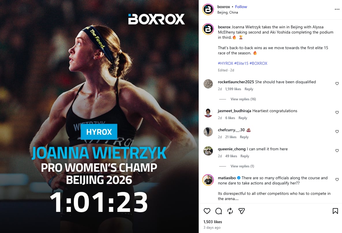 An Instagram post that shows a woman in athletic gear. Writing superimposed over it says: Joanna Wietrzyk, pro women's champ Beijing 2026.