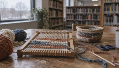 Illustration of a weaving frame, yarn and a coiled basket.