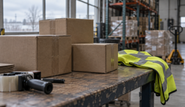 Illustration of cardboard parcels and a safety vest on a warehouse bench.