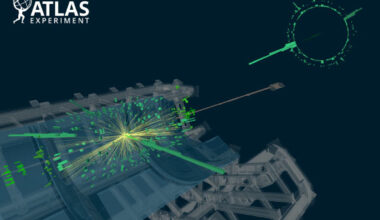 Event display of a candidate Higgs boson decay to a photon and a lepton pair, from proton-proton collisions recorded with the ATLAS detector in 2022. Image credit: ATLAS Collaboration / CERN.