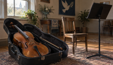 Diego Carneiro music feature illustration: a cello in its open case beside an empty chair.